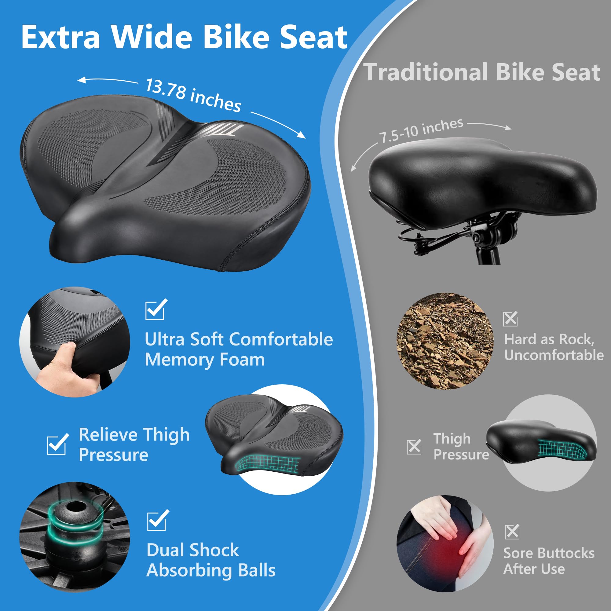 DAWAY W60 Extra Wide Bike Seat – Memory Foam Shock Absorbing Saddle
