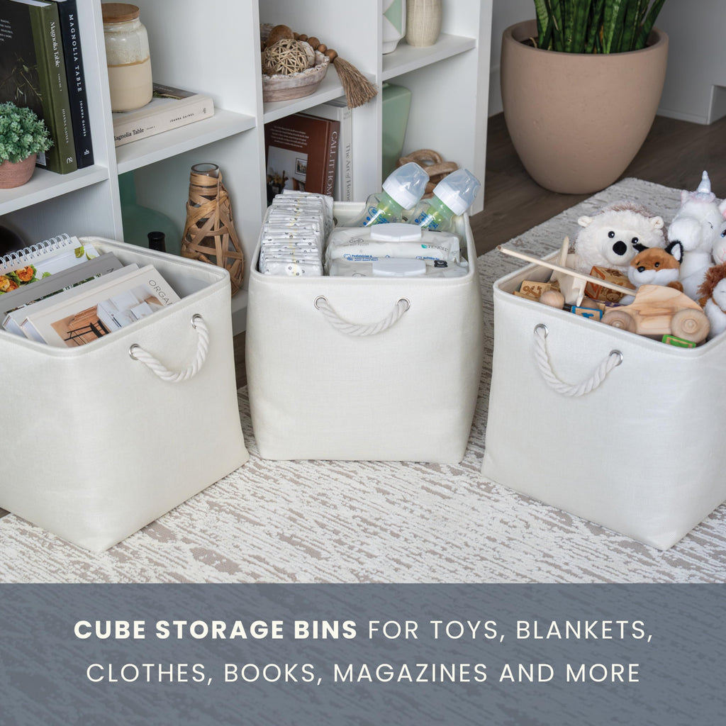 OrganiHaus Fabric Storage Boxes, Set of 3 Foldable 33X33 Cube Organiser Bins with Rope Handles for Shelves, Nursery & Closet