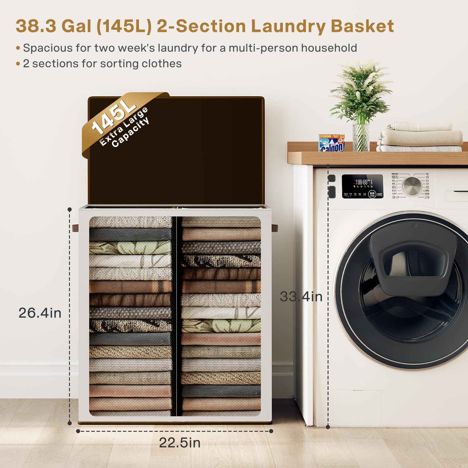 SOLEDI 145L Large Laundry Hamper with Lid | 2-Compartment Collapsible Basket