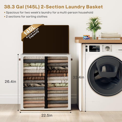 SOLEDI 145L Large Laundry Hamper with Lid | 2-Compartment Collapsible Basket