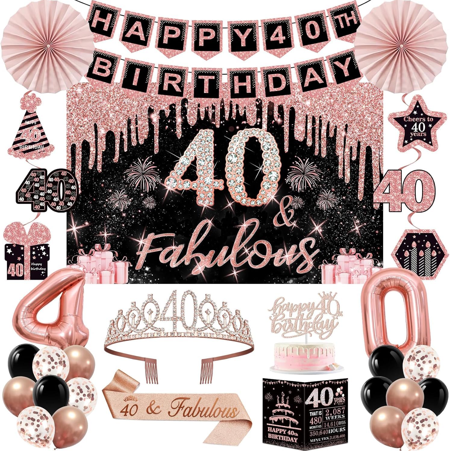 40th Birthday Decorations for Women | 32pc Rose Gold Party Kit