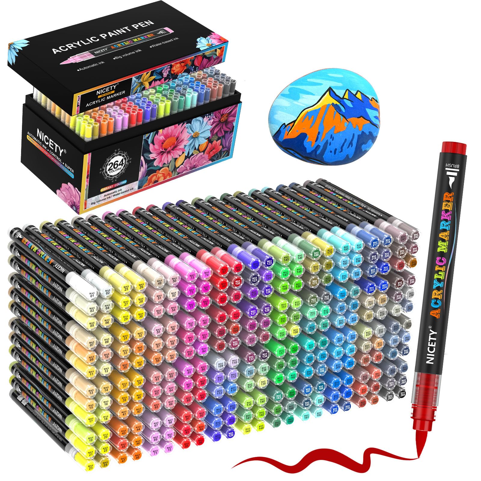 NICETY 264 Colors Acrylic Paint Pens – Brush Tip Markers for Rock Painting