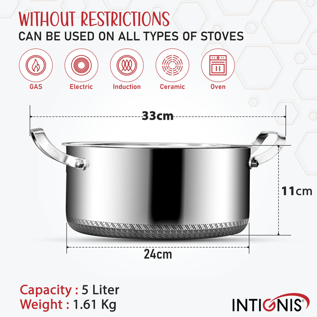 INTIGNIS Stainless Steel Casserole with Lid | 5L Non-Stick Induction Pot