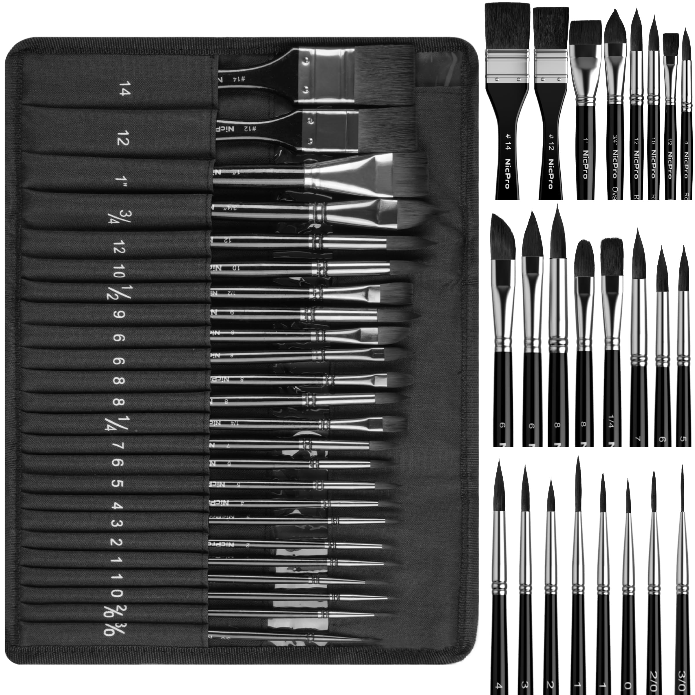 Nicpro 24pcs Professional Watercolor Brush Set with Cloth Roll
