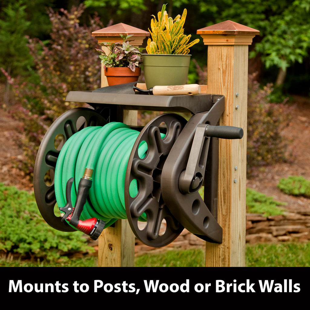 Liberty Basics Wall Mounted Garden Hose Reel with Shelf - Bronze Resin