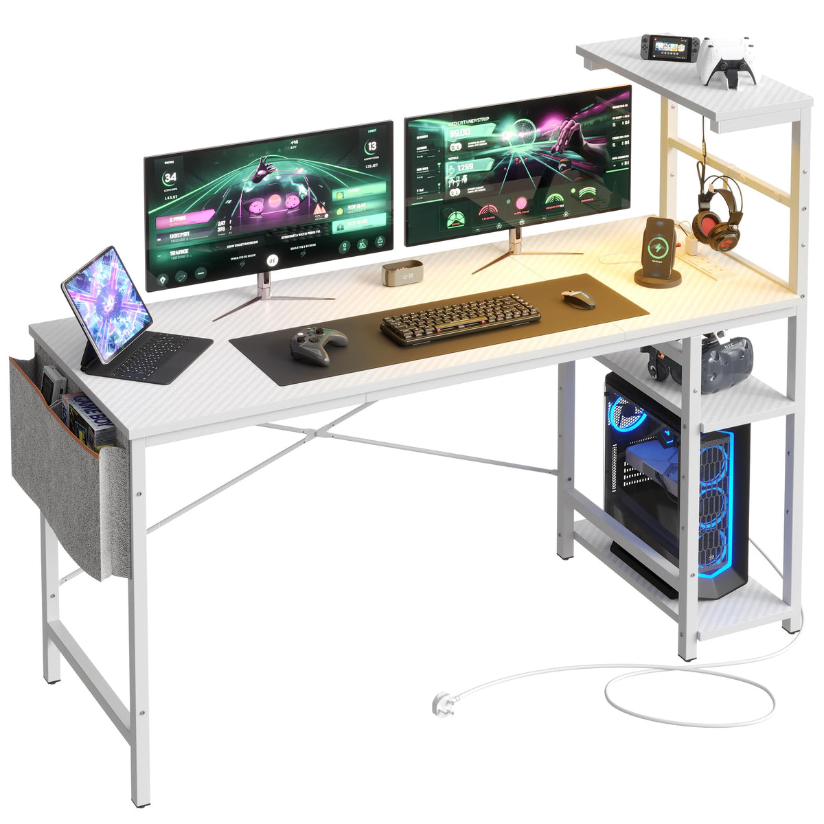 Bestier 155CM Corner Desk with Power Outlets Large Computer Desk with LED Lights Reversible Writing Table with Side Pocket Storage Bag & Accessories - image 1