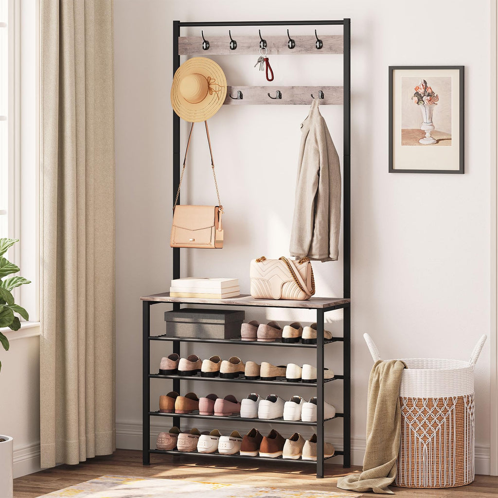 HOOBRO Hall Tree Coat Rack with Shoe Storage - Industrial Metal Frame