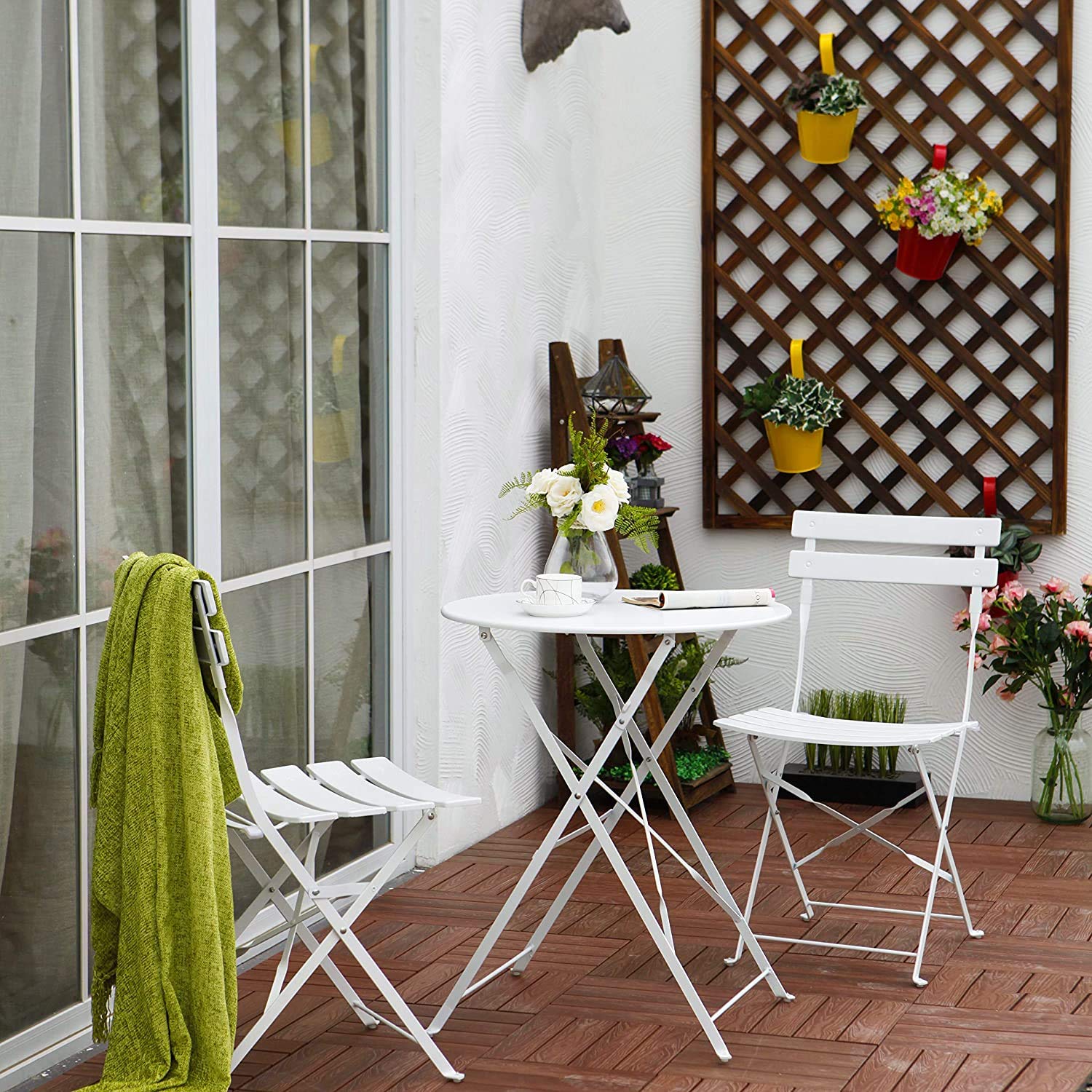 Grand Patio 3-Piece Bistro Set | Folding Steel Garden Furniture - White