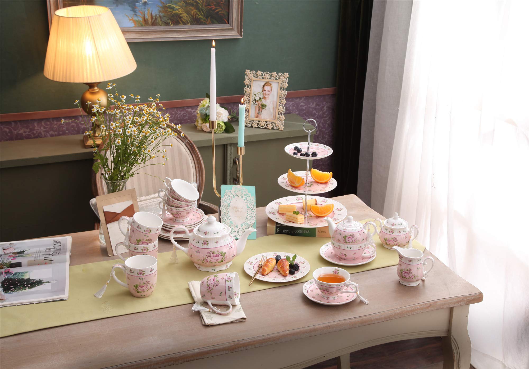 London Boutique Rose Pink Porcelain Tea Cup and Saucer Set - 4 Piece