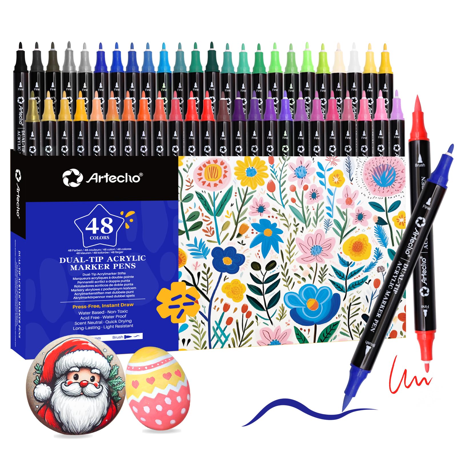 Artecho 48 Colors Dual Tip Acrylic Paint Pens | Brush & Fine Tip Markers