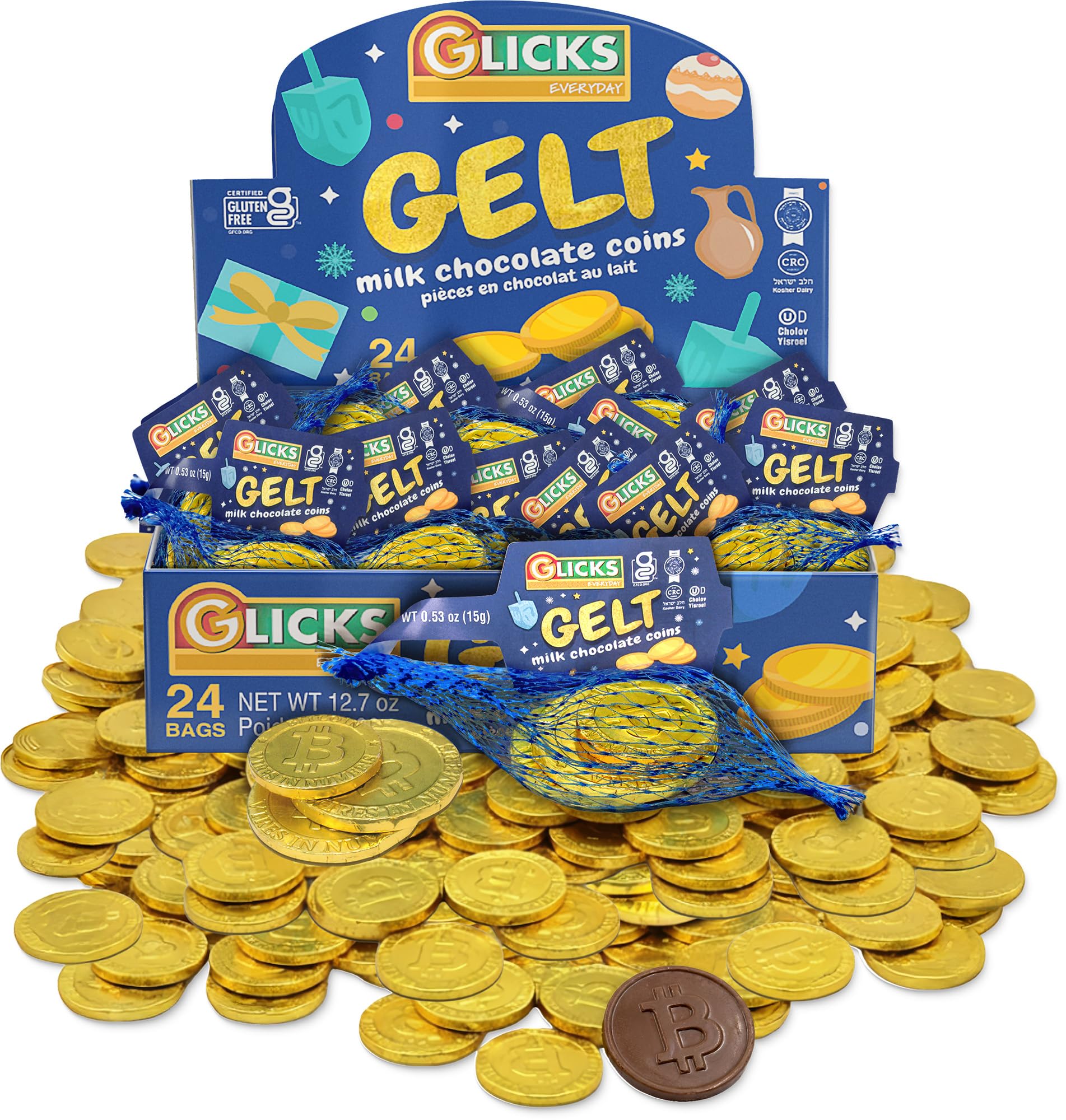 Glicks Milk Chocolate Gold Coins - Kosher Hanukkah Gelt - 24 Bags