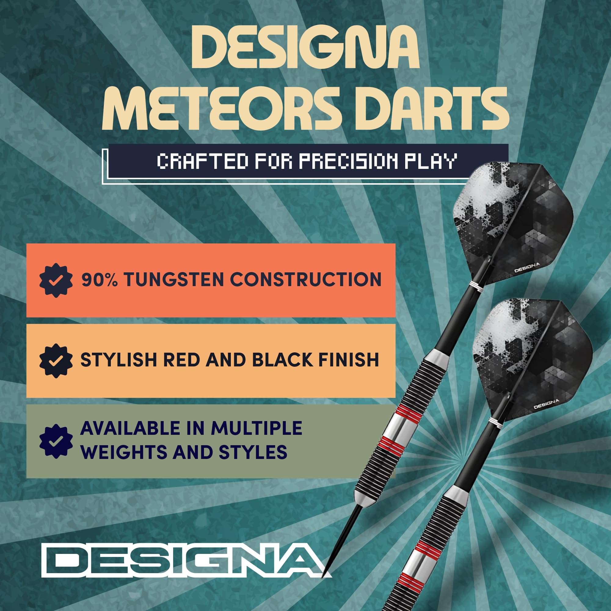 Designa Meteor 90% Tungsten Steel Tip Darts – Heavy 44g Ringed Grip Set