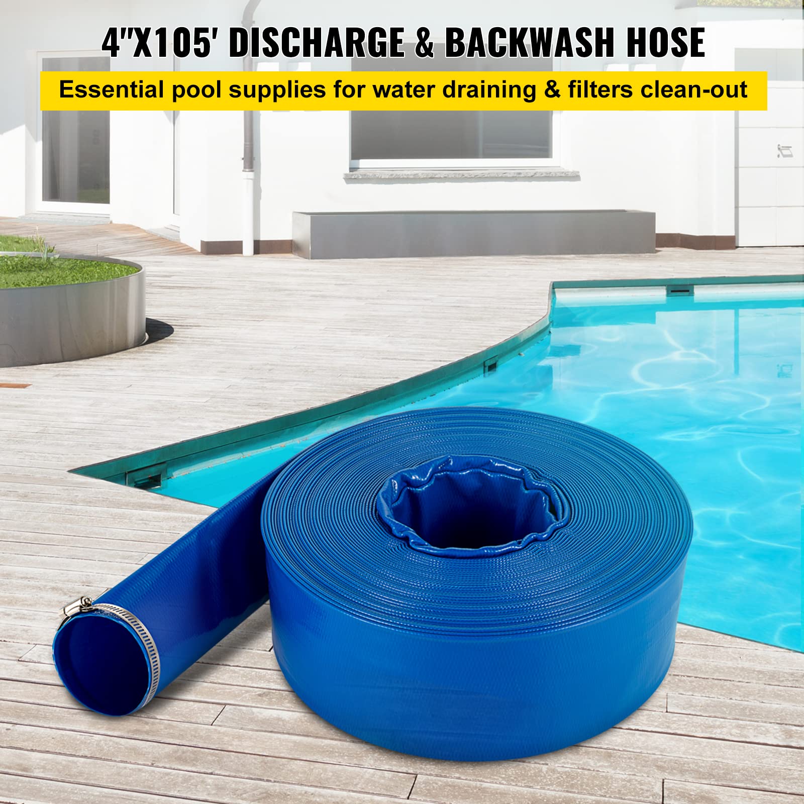 VEVOR 4" PVC Lay Flat Discharge Hose – 105' Heavy Duty Backwash Drain