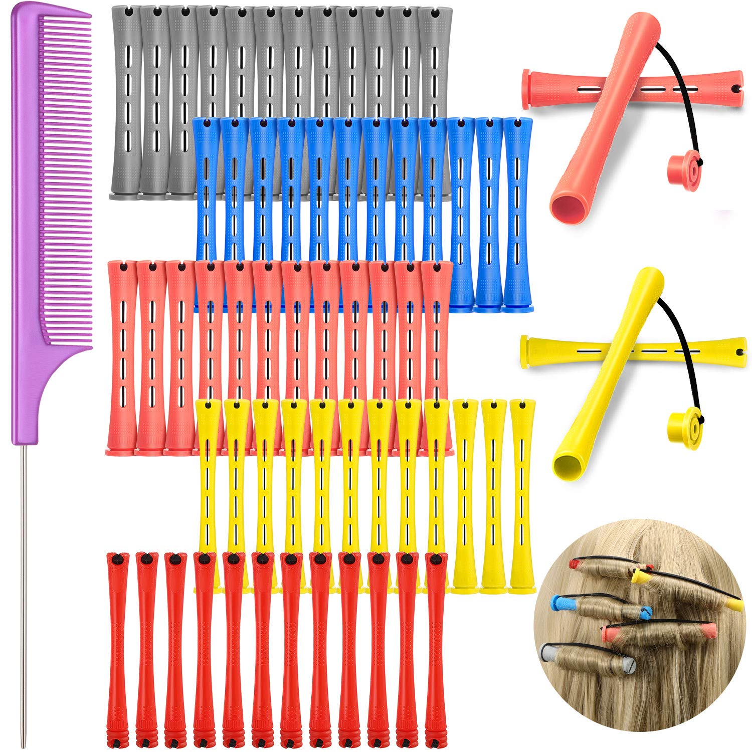 60-Piece Hair Perm Rods Set with Pintail Comb - 5 Sizes
