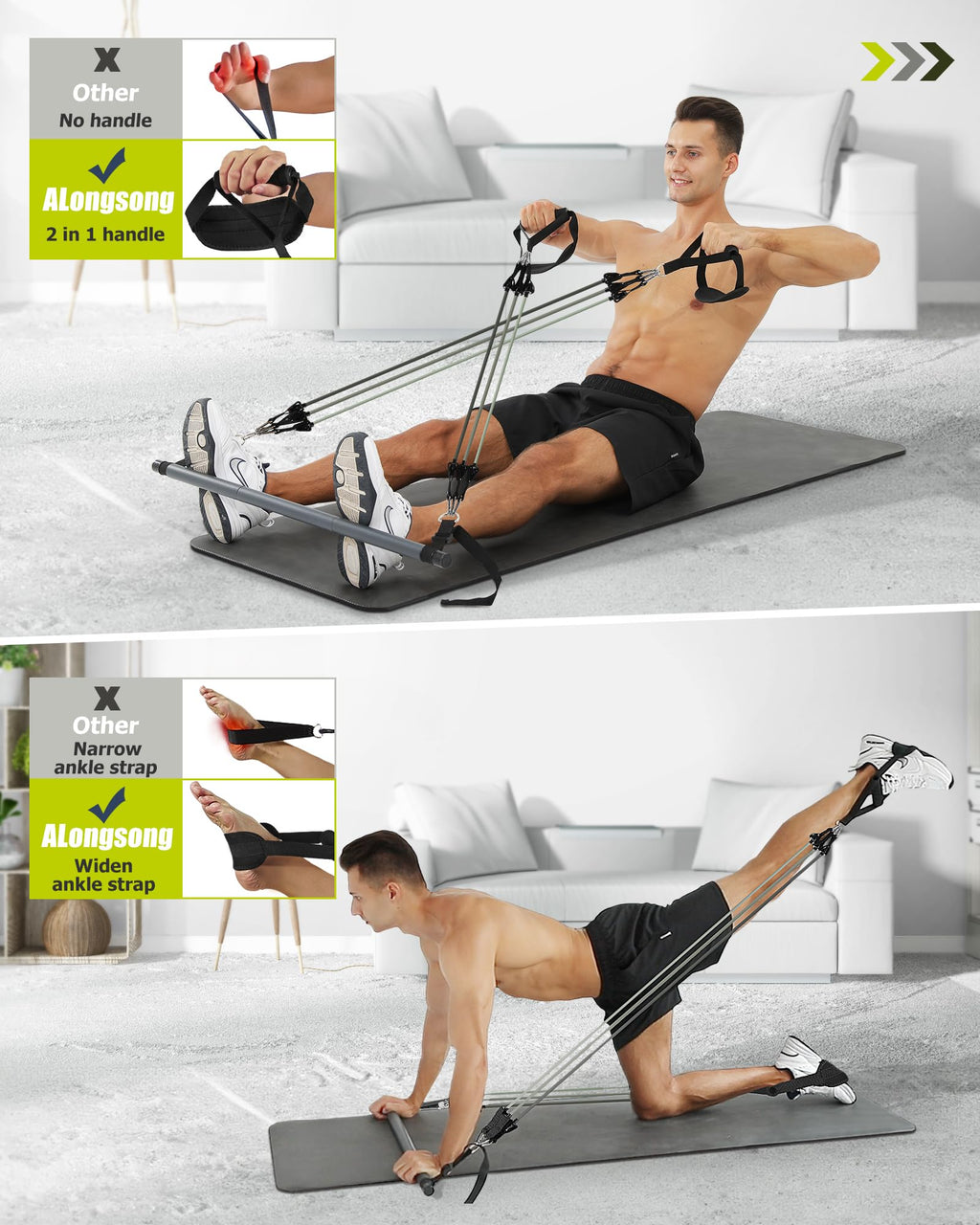 ALongSong Pilates Bar Set | 6 Latex Resistance Bands (120lbs) for Home Gym