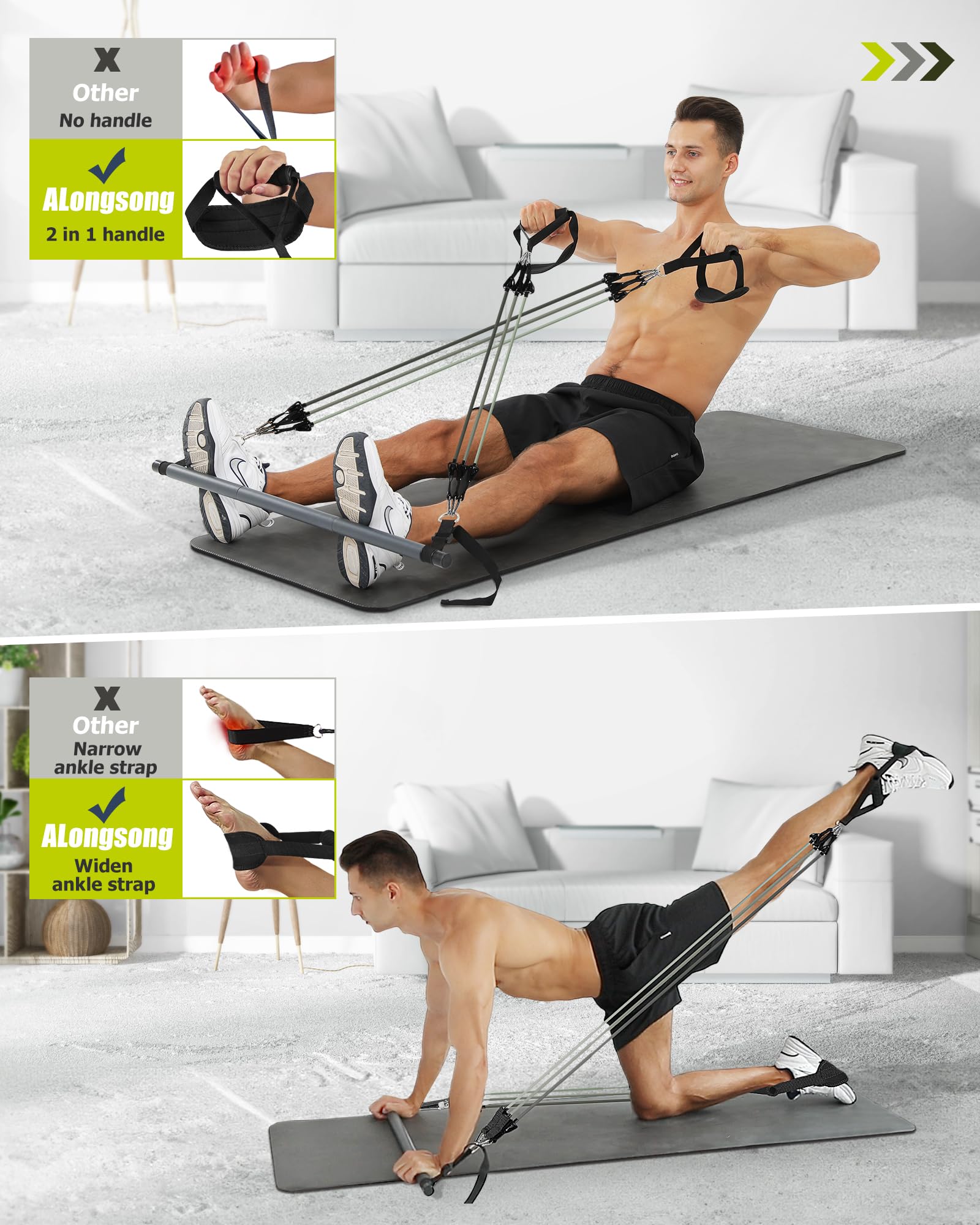 ALongSong Pilates Bar Set | 6 Latex Resistance Bands (120lbs) for Home Gym