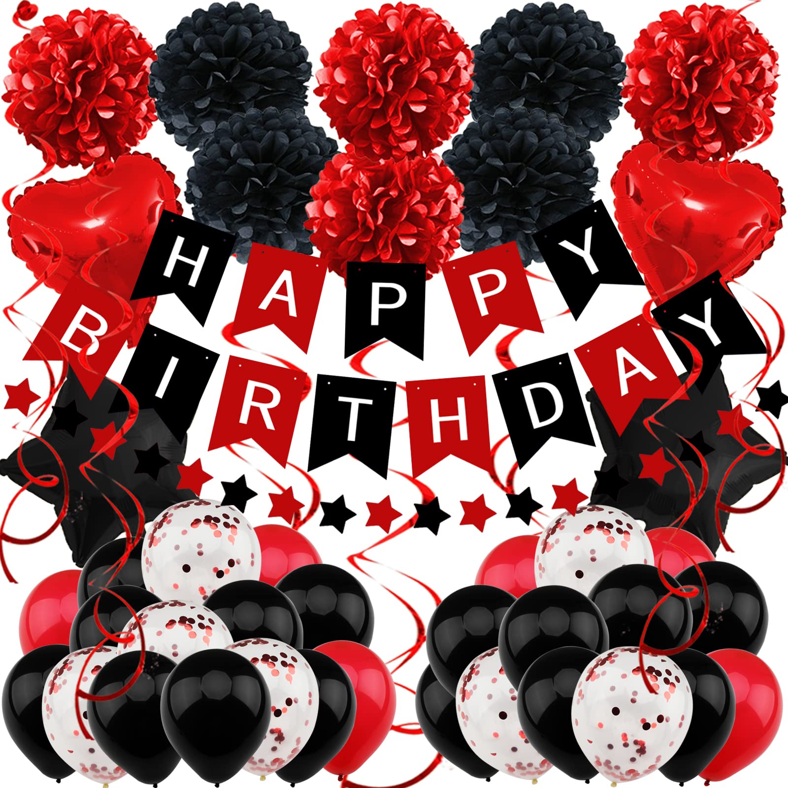 ZERODECO Black and Red Birthday Party Decorations Kit with Banner & Balloons