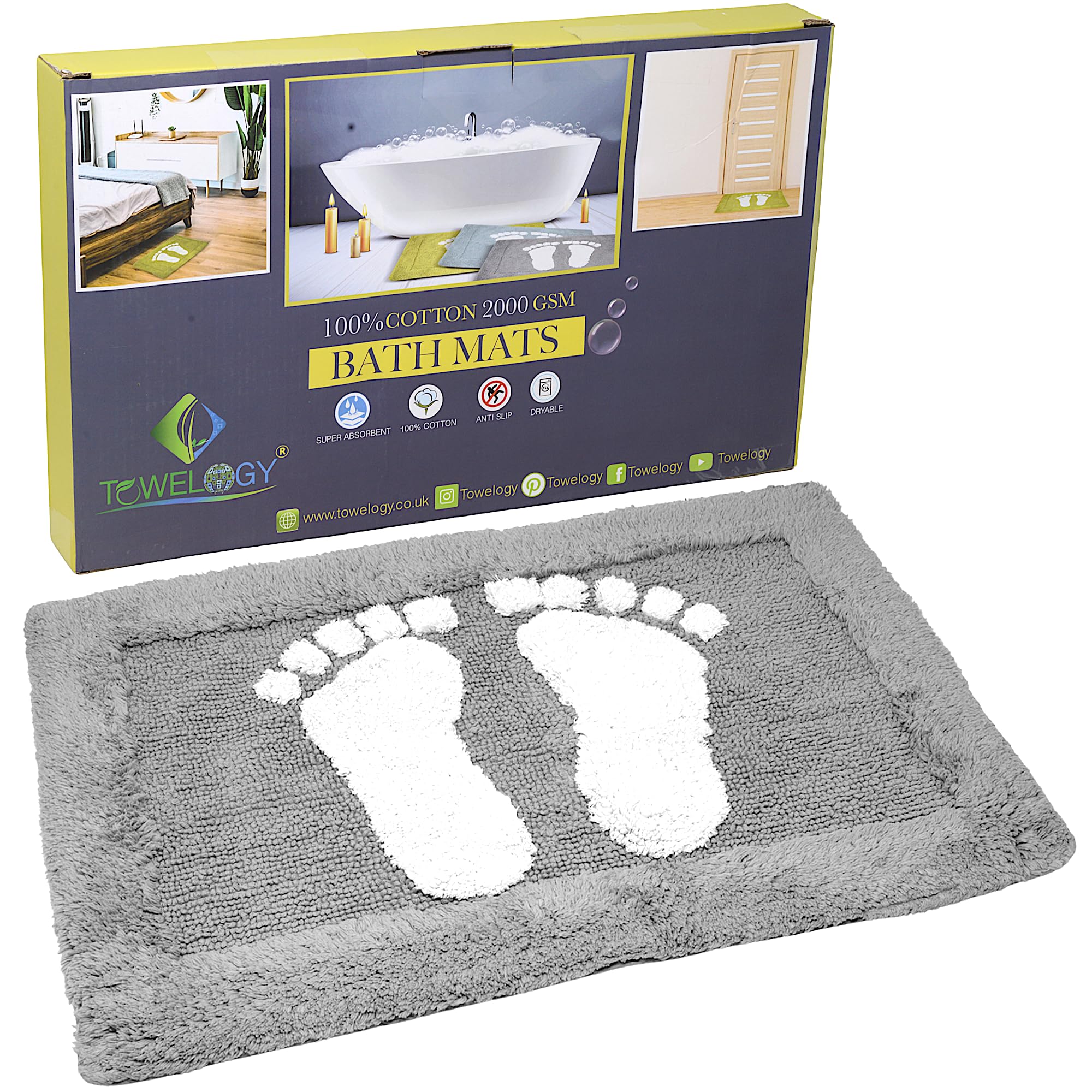 Towelogy 100% Cotton Bath Mat – Non-Slip Absorbent Thick Bathroom Rug