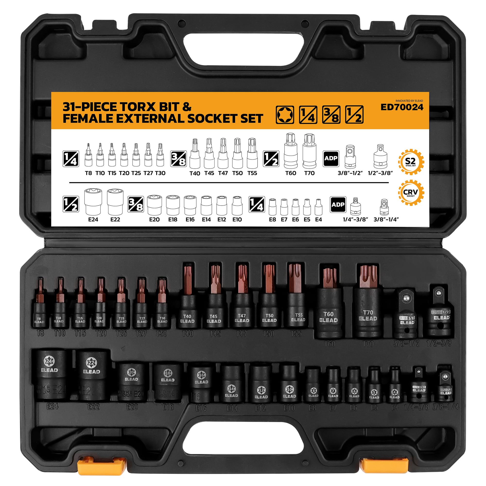 31-Piece Torx Bit Socket Set | S2 Alloy Steel T8-T70 E4-E24