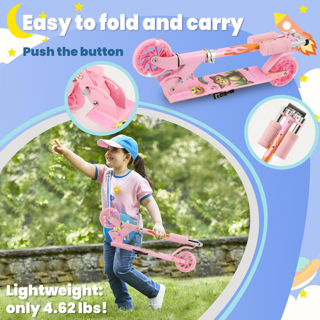 Tenboom Kids Kick Scooter – Pink Flame LED Wheels & Foldable Design