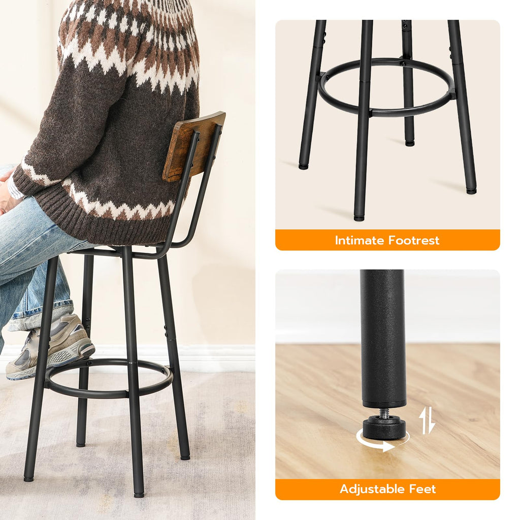 HOOBRO Bar Stools Set of 2 | Industrial Kitchen Stools - Rustic Brown