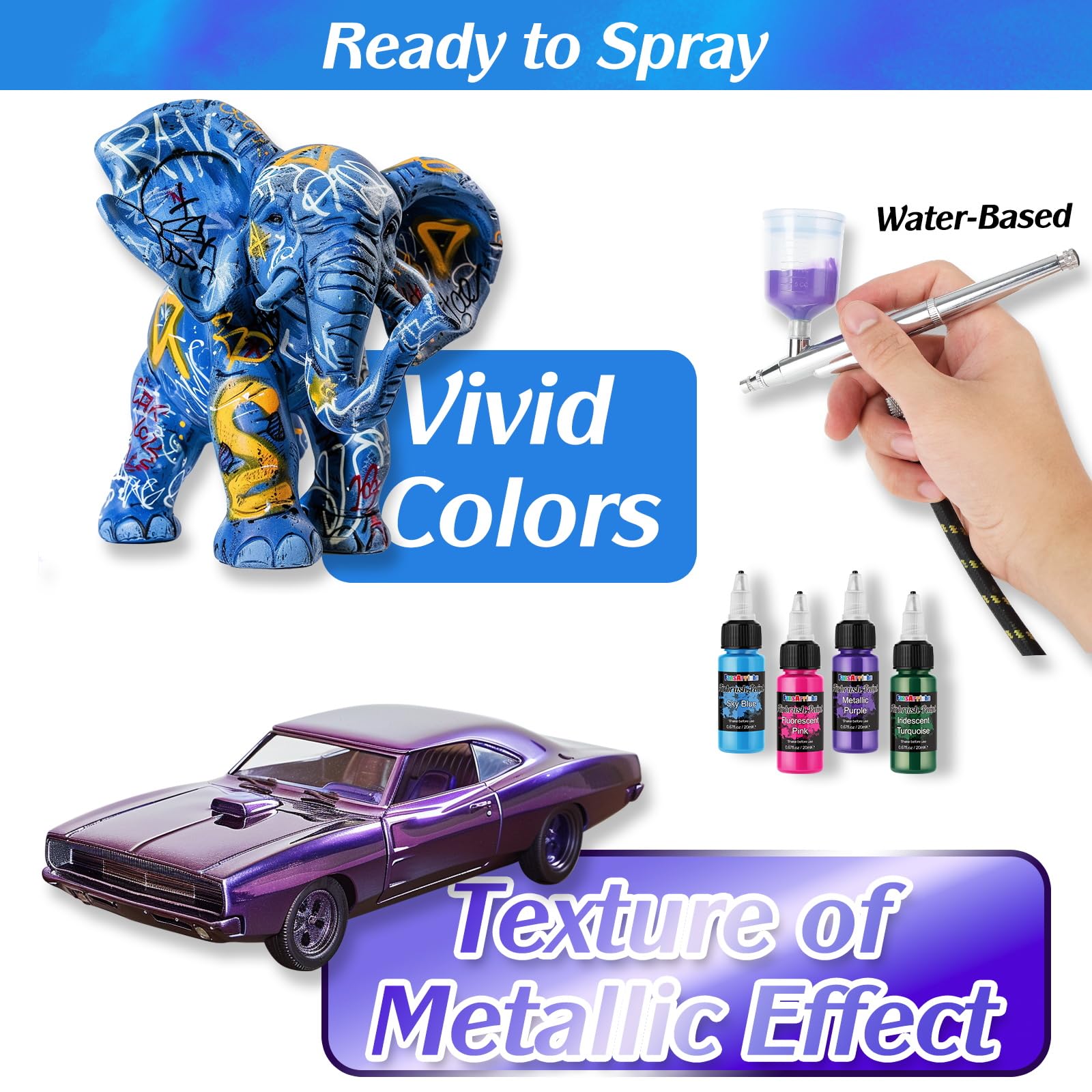 FansArriche Airbrush Paint Set - 44 Opaque & Neon Water-Based Colors