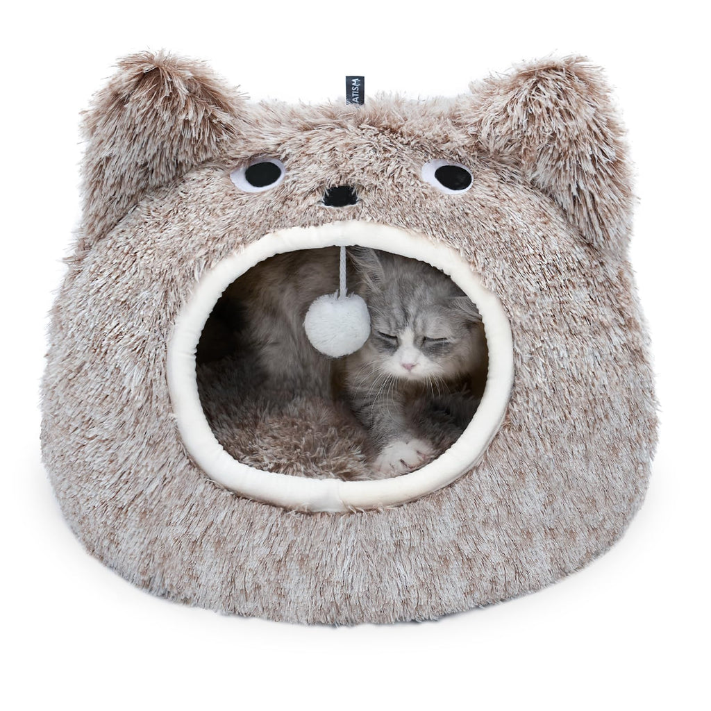 CATISM Cat Cave Bed – Washable Plush Monster Pet House for Cats, Coffee