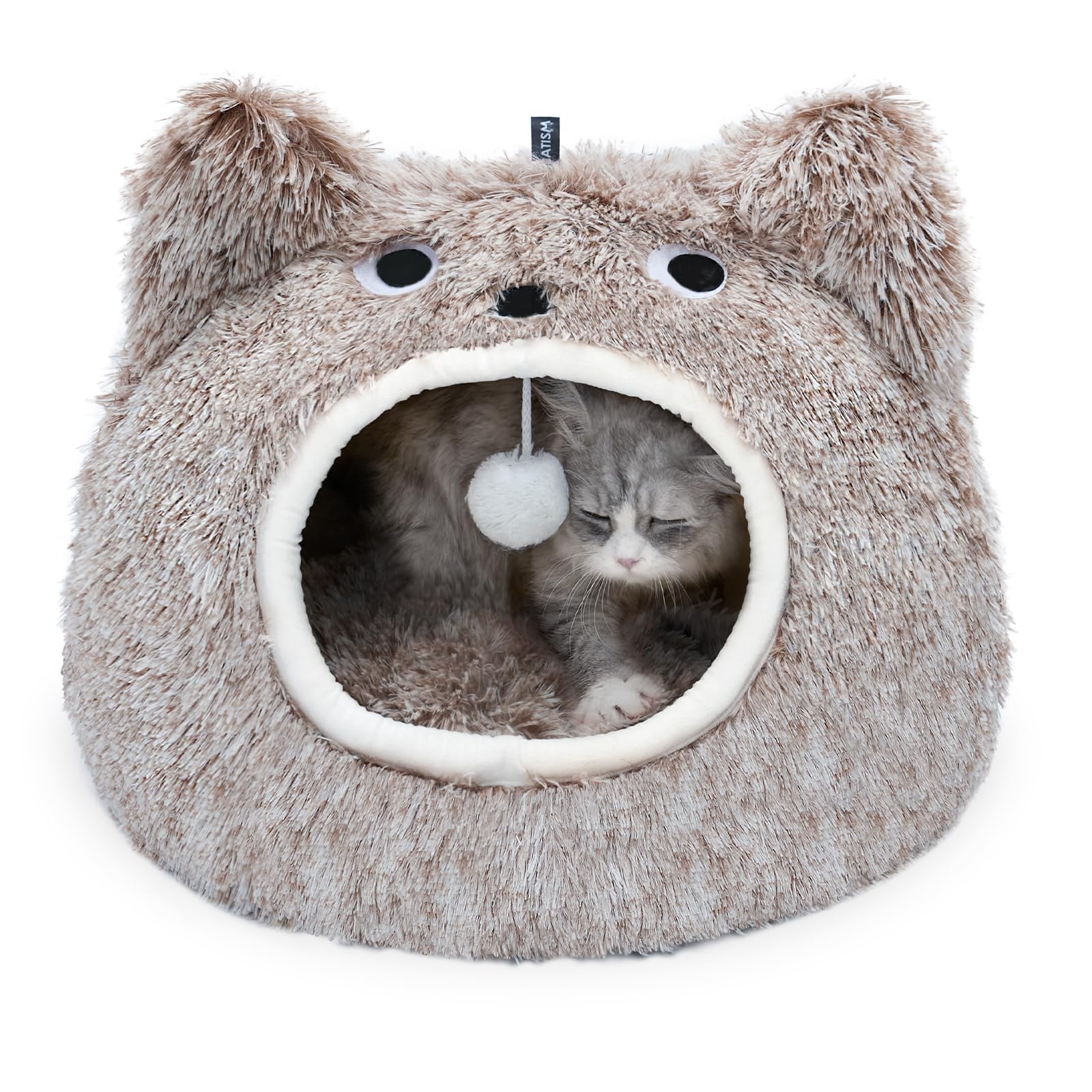 CATISM Cat Cave Bed – Washable Plush Monster Pet House for Cats, Coffee