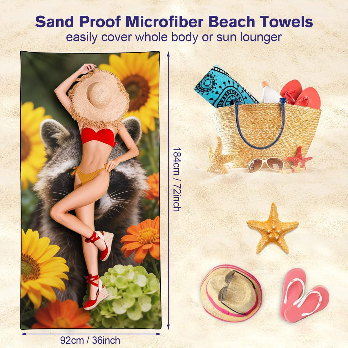 Violetpos Raccoon in Sunflowers & Hydrangeas Beach Towel, Extra Large 180x90 cm 250GSM Microfibre, Sand Free Quick Dry - image 5