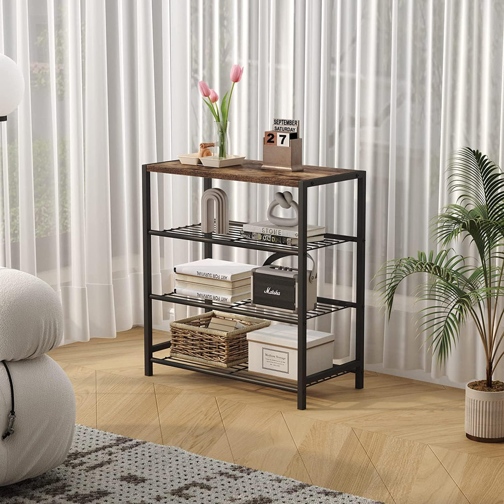 HOME BI 4-Tier Industrial Shoe Rack – Metal Storage Shelf with MDF Top
