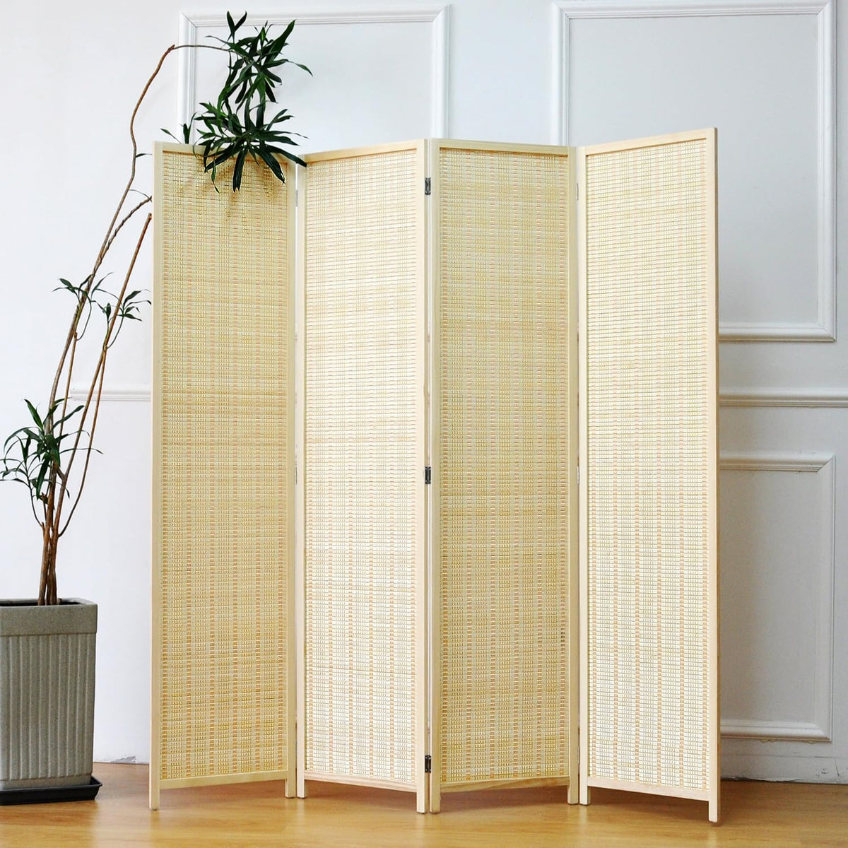 Furnnylane 4 Panel Bamboo Room Divider and Folding Panel Screen,Bamboo Panel Divider for Room Separation,Beige,170 cm H x 156 cm W