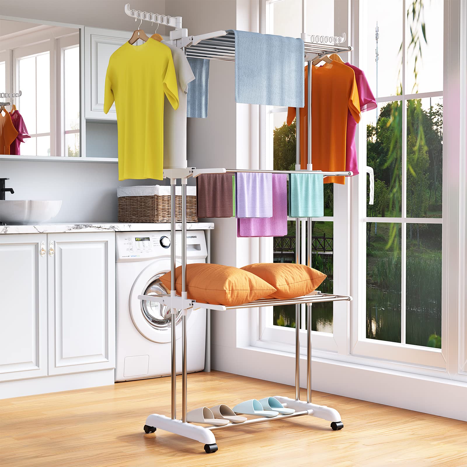 Innotic 4-Tier Foldable Clothes Drying Rack | Stainless Steel Airer with Wheels