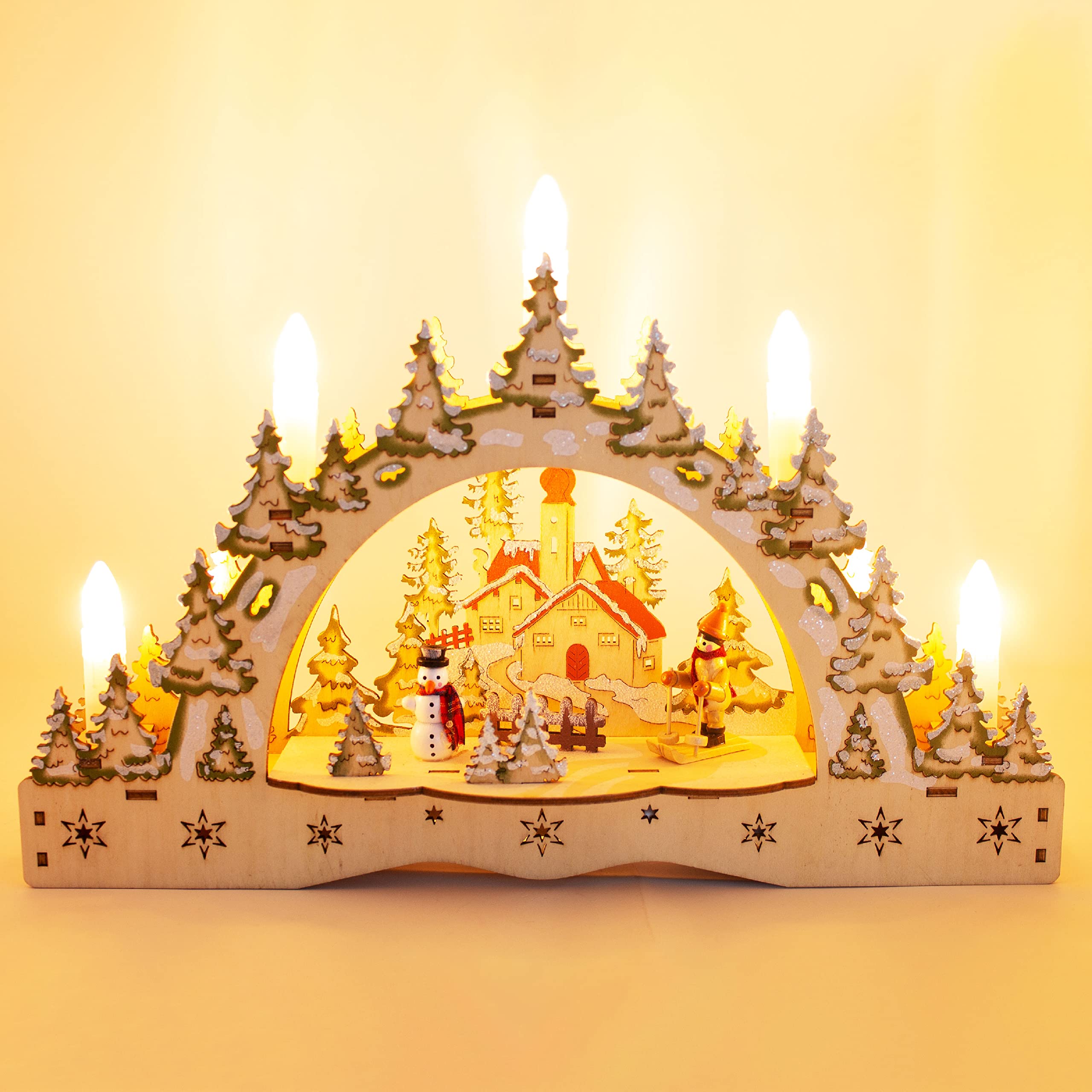 ToCi LED-Schwibbogen mit 5 Kerzen – Weihnachtsdeko Ski-Motiv 35cm