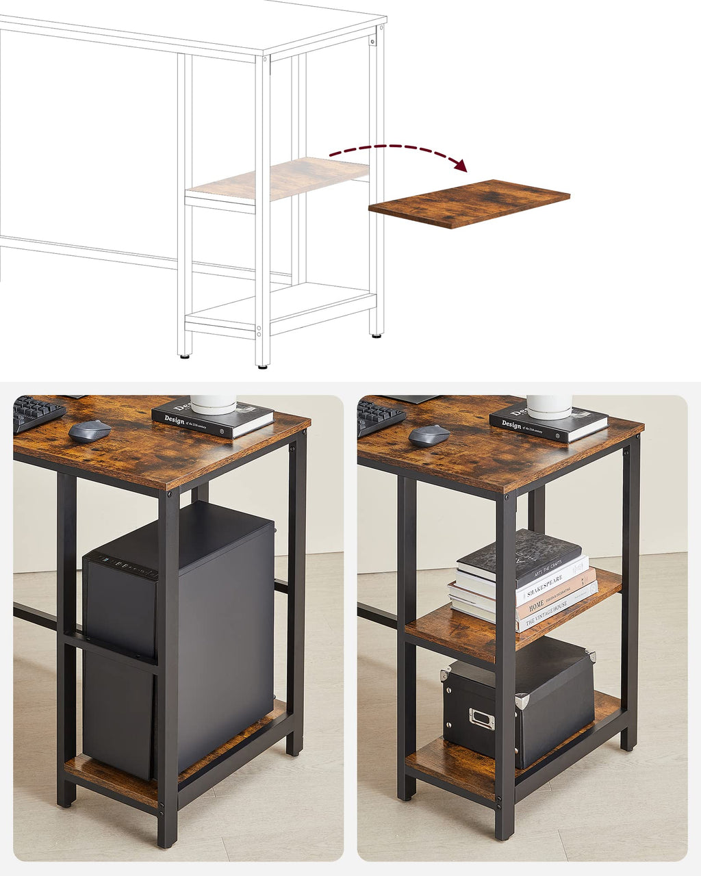 VASAGLE L-Shaped Computer Desk – Rustic Gaming Workstation with Shelves