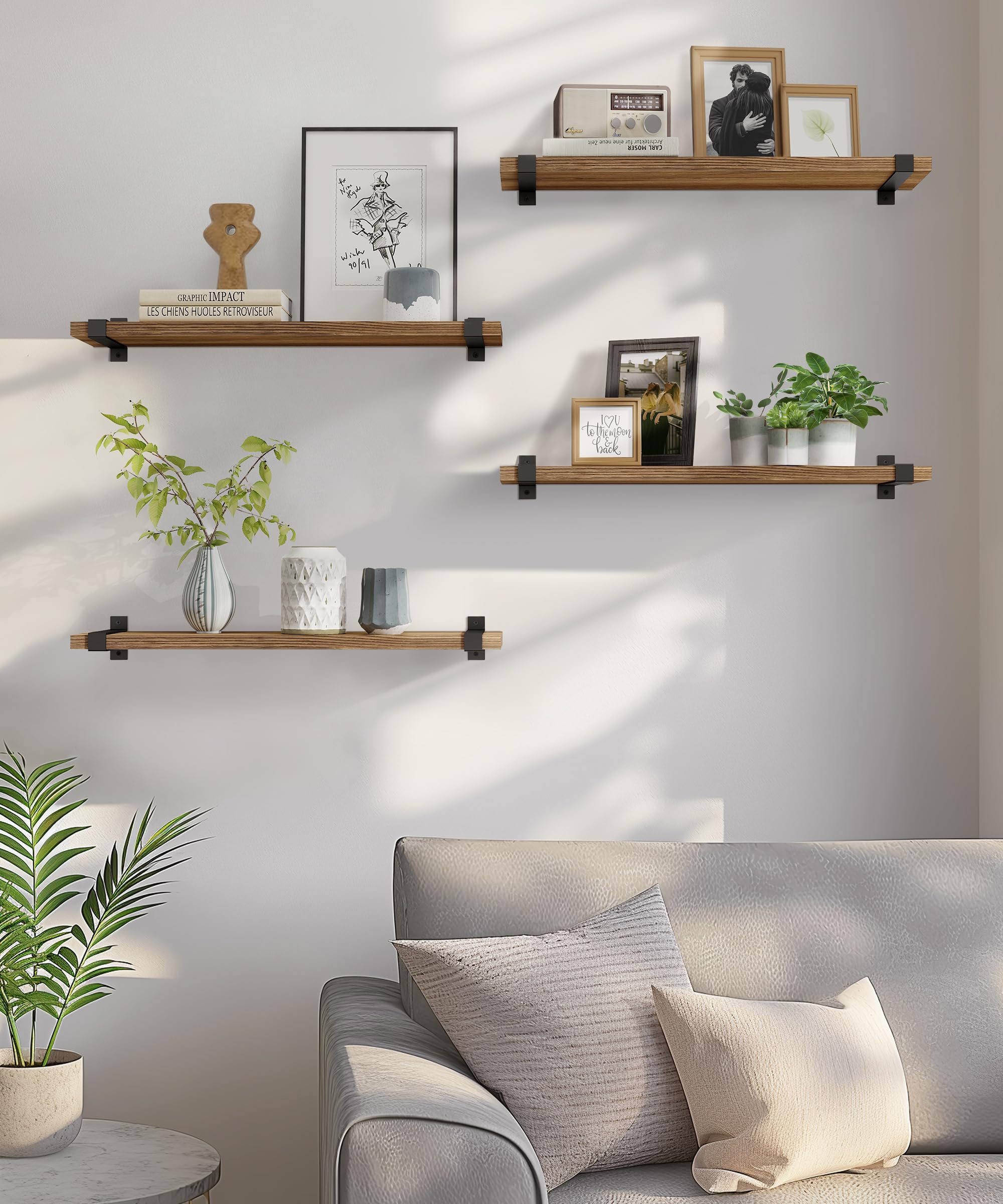 Gronda 60CM Rustic Floating Shelves – Dark Pine Wood Wall Storage, Set of 2