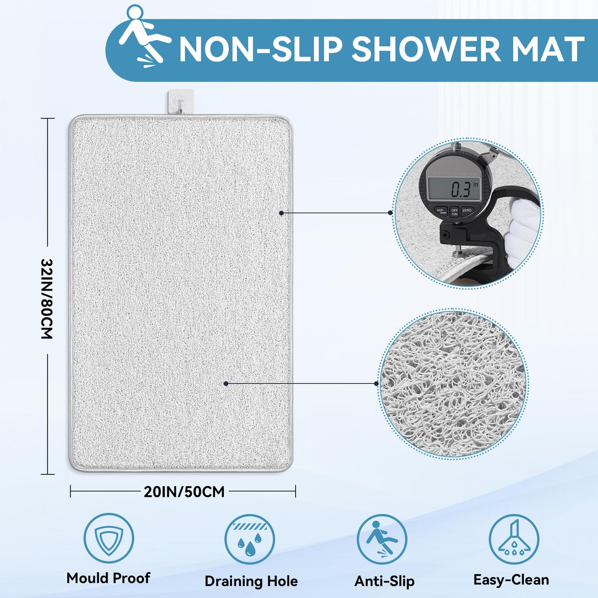 Muecleao Loofah Shower Mat, Non Slip Anti Mould Bath Mats with Reinforced Edge for Inside Shower, Washable Antibacterial Soft PVC Bath Mat with Drain - image 2