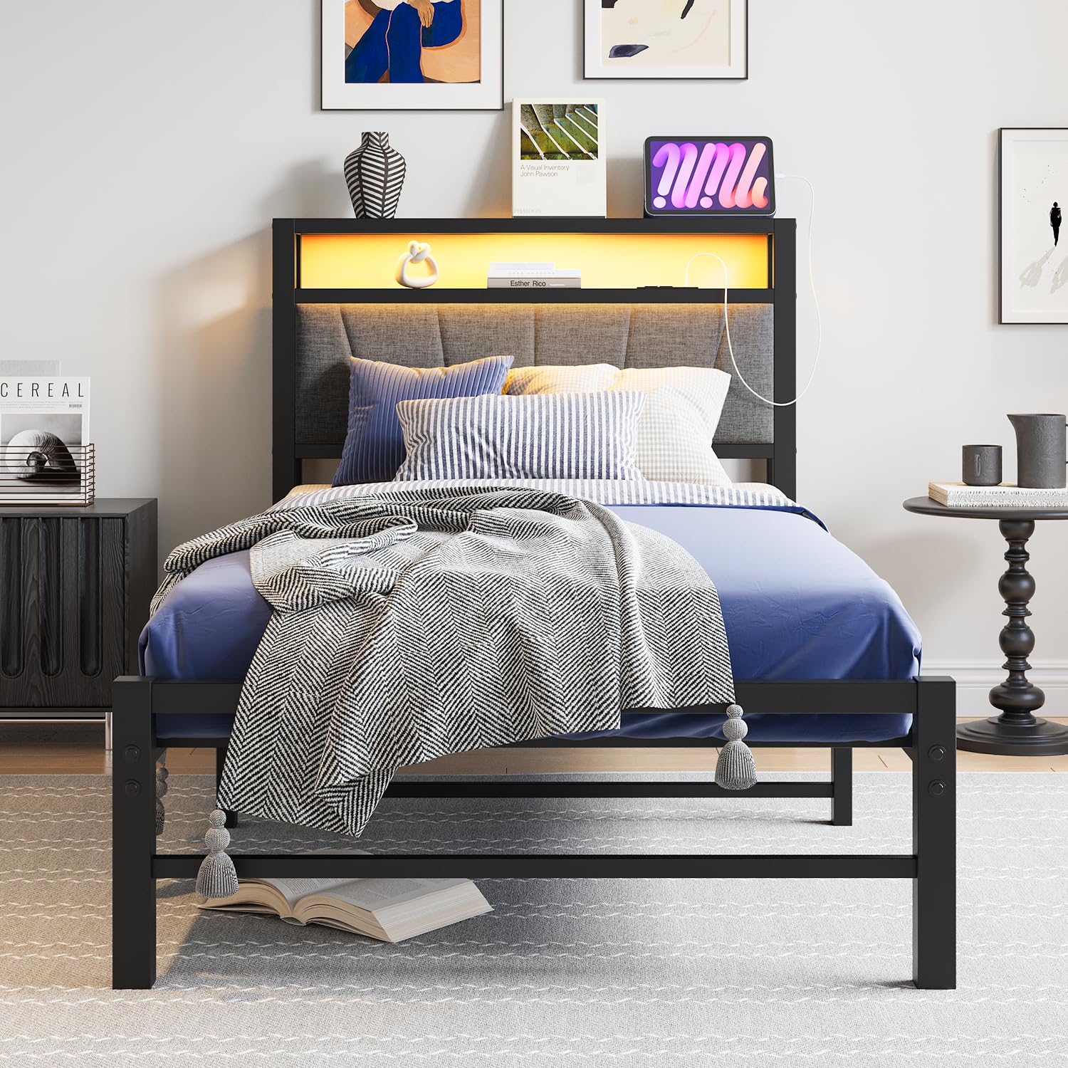 BORPHOM Single Bed Frame with LED Storage Headboard & Charging Station