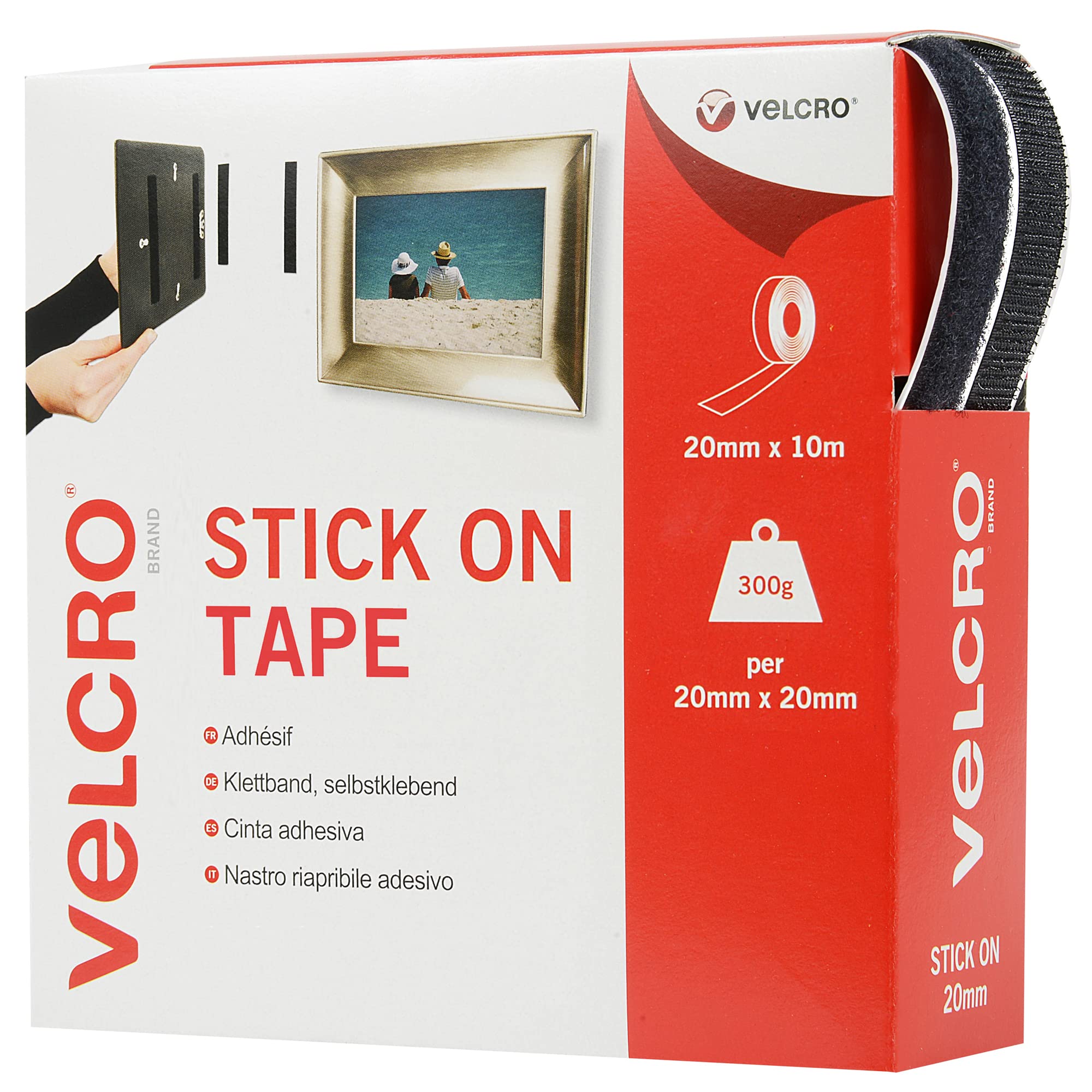 VELCRO Brand Stick On Tape – Strong Hook & Loop Adhesive, Black, 20mm x 10m