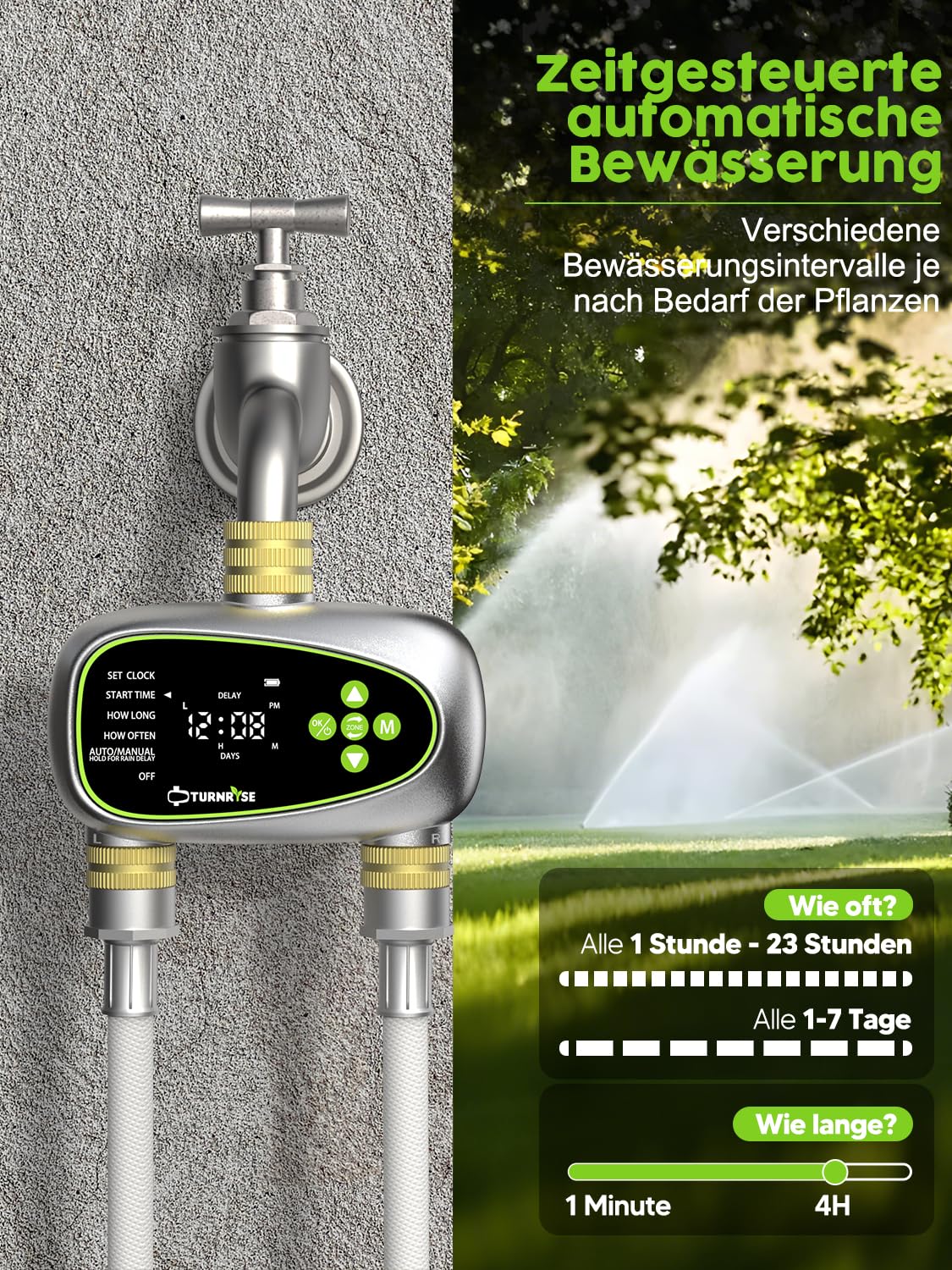 TURNRISE 2-Outlet Digital Sprinkler Timer | Brass Inlet & Dual Zone Watering