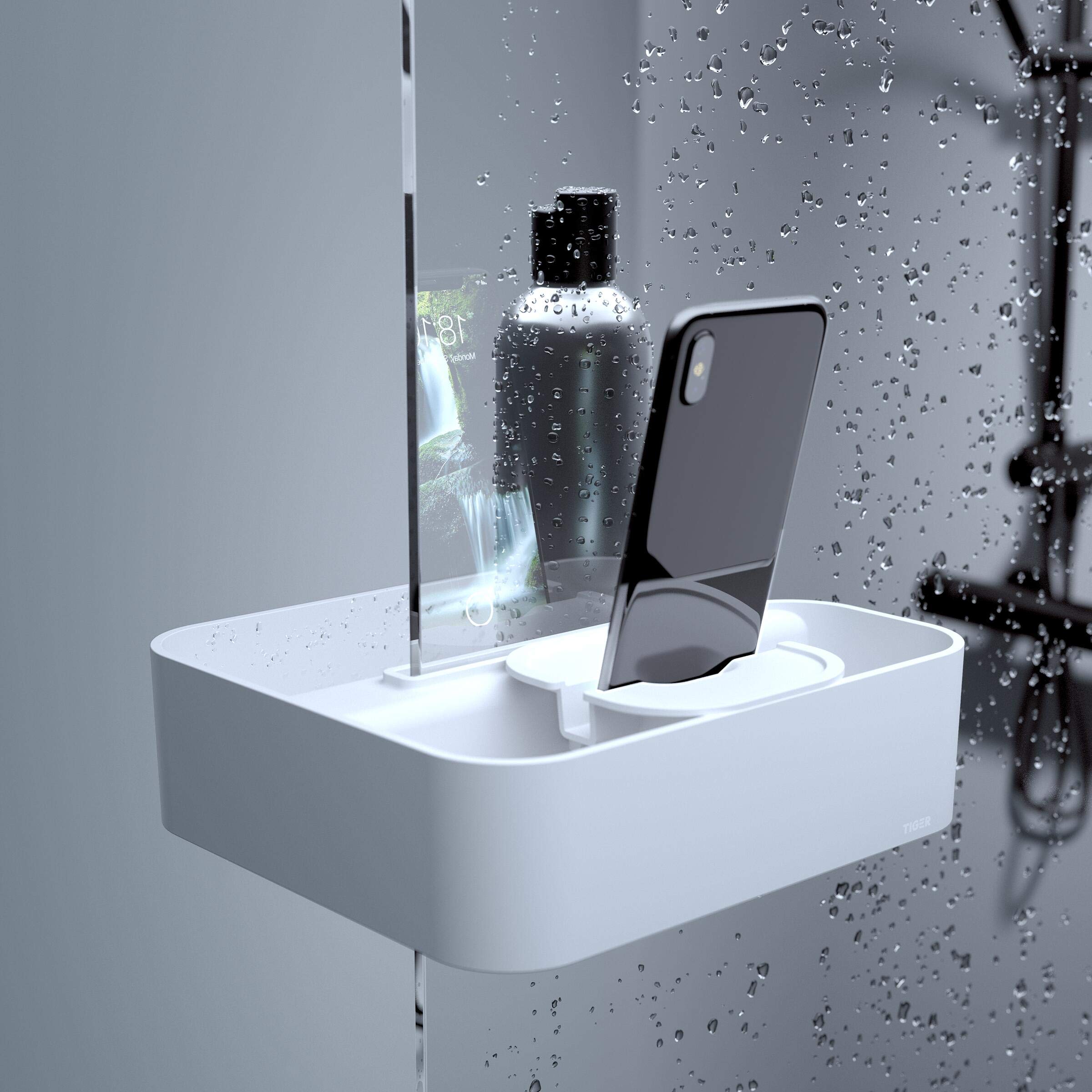 Tiger 2-Store Clip-on Shower Caddy | White No-Drill Glass Basket