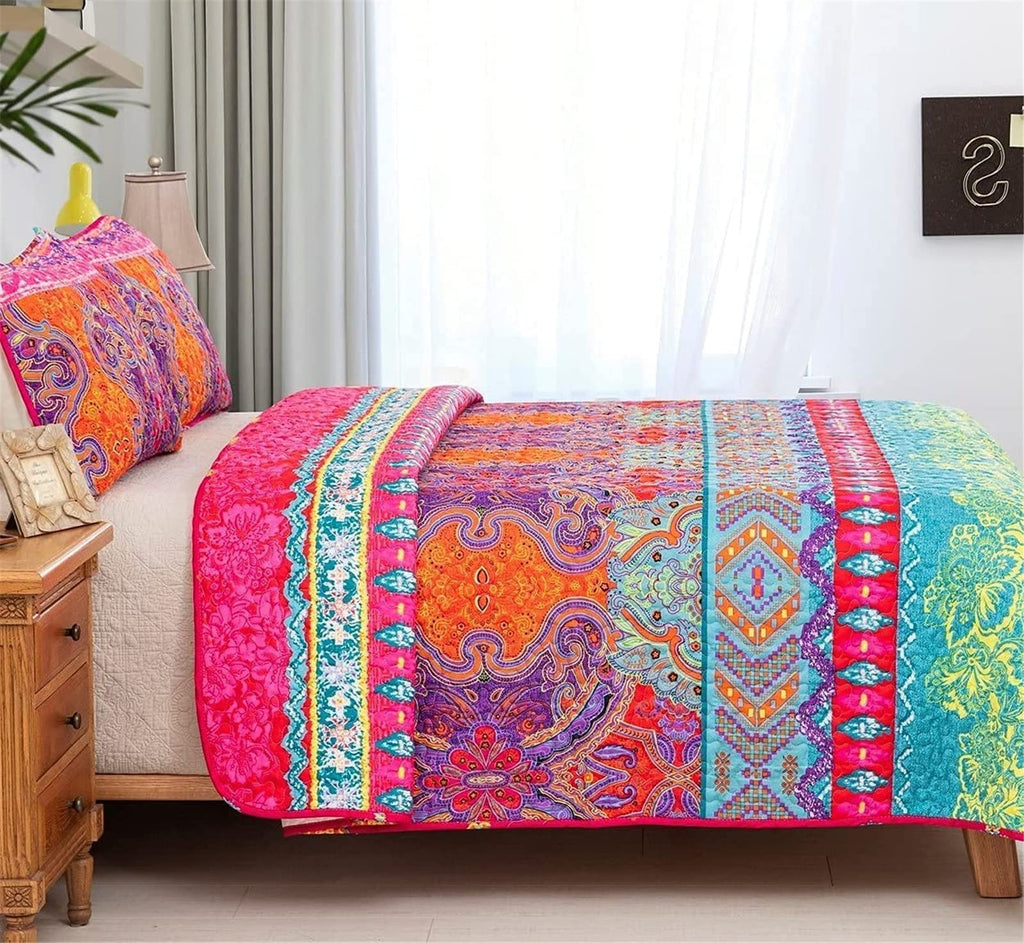 WONGS BEDDING King Size Reversible Boho Floral Bedspread Quilt Set