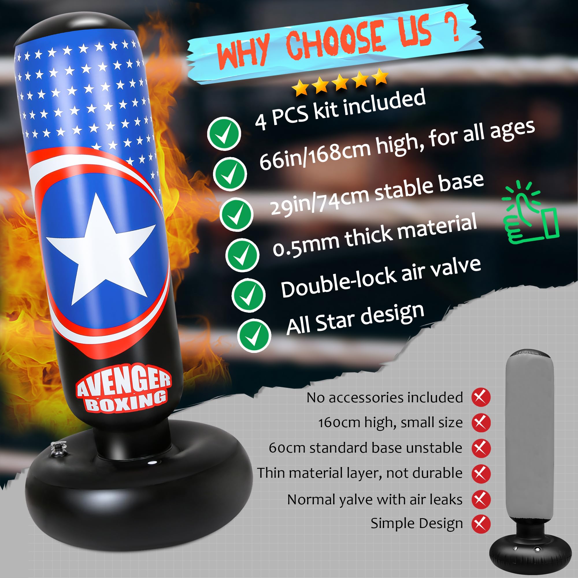 YasinKidz 66 Inch Inflatable Kids Punching Bag Set with Boxing Gloves