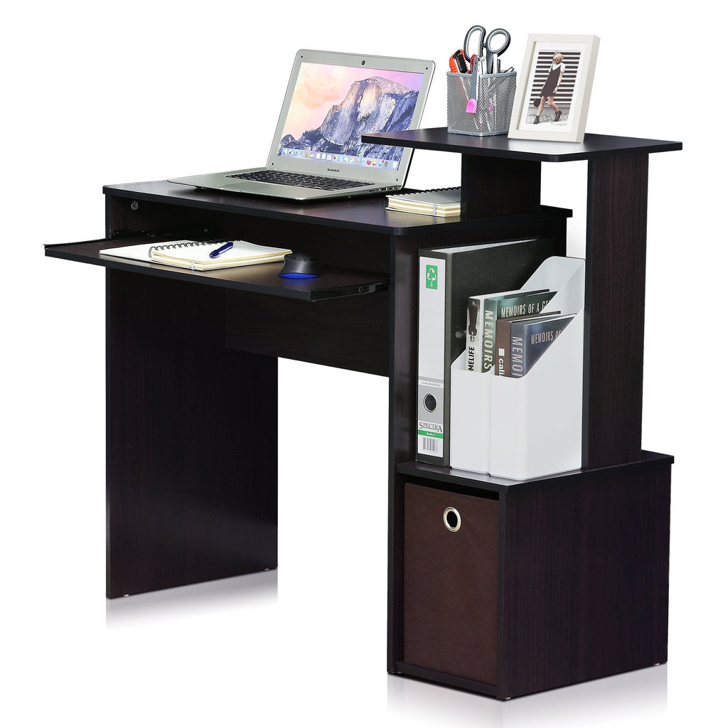 Furinno Econ Computer Desk with Storage Bin - Dark Walnut Wood