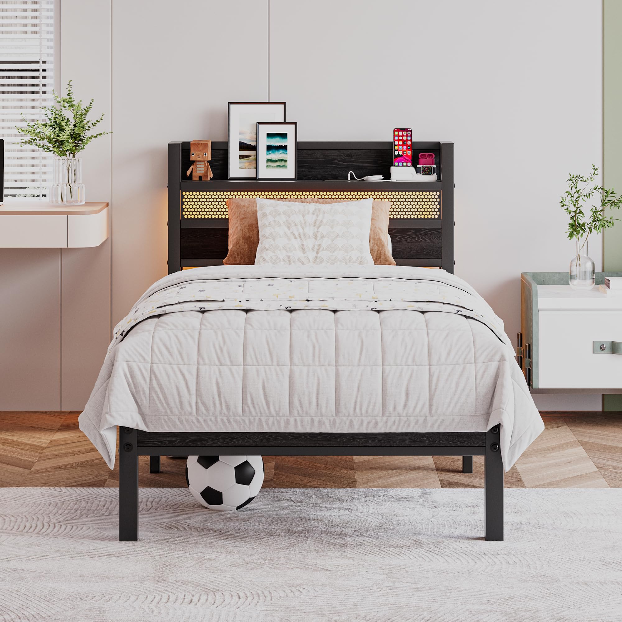 HAHRIR 3ft Single Metal Bed Frame with Storage Headboard & LED Lights