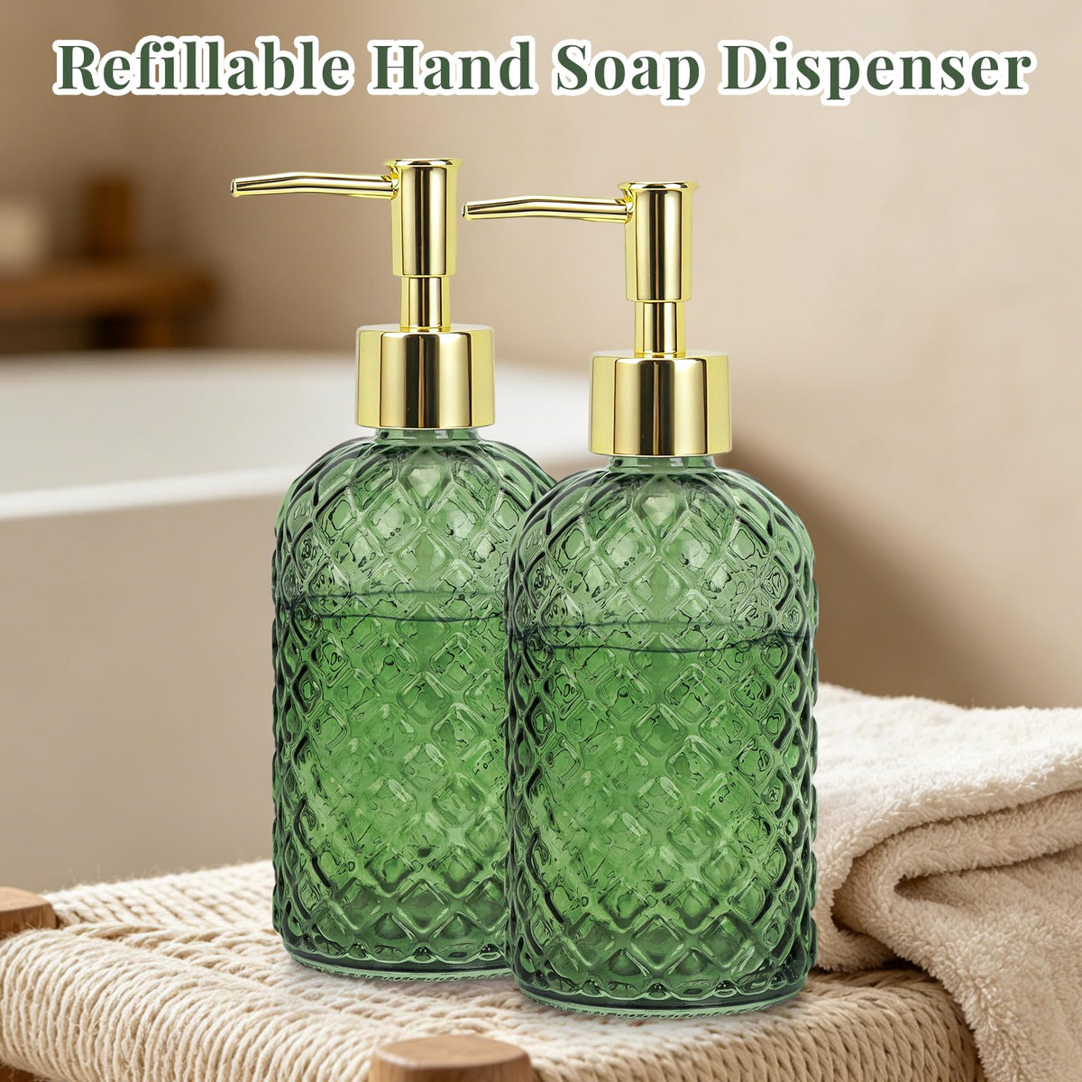 Soap Dispenser - 2 Pack, Clear Glass Refillable Hand Soap Dispensers, Hand and Dish Soap Dispenser, Soap Bottles with Gold Pump - image 2