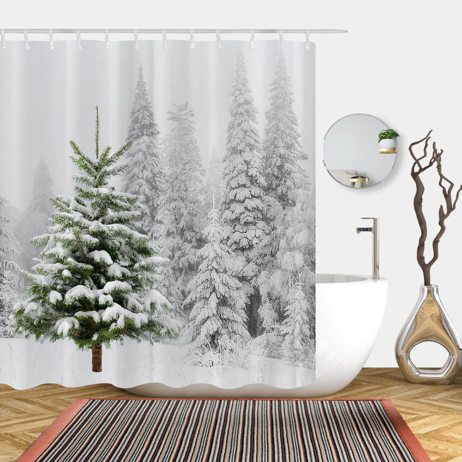 Abaysto Christmas Shower Curtain Set – Winter Forest Waterproof Polyester