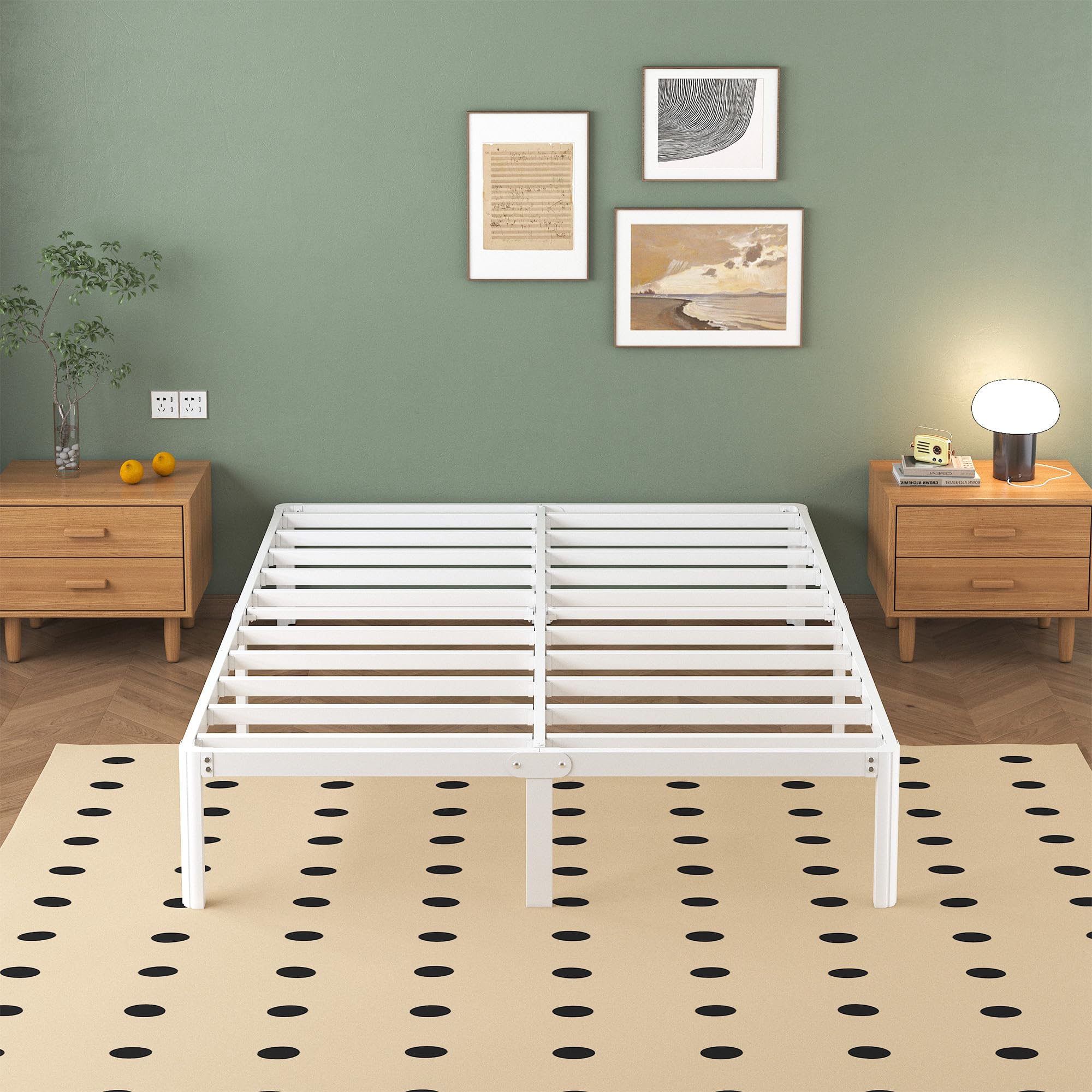 Lutown-Teen White Metal Double Bed Frame 4ft6 - Heavy Duty Steel Slats
