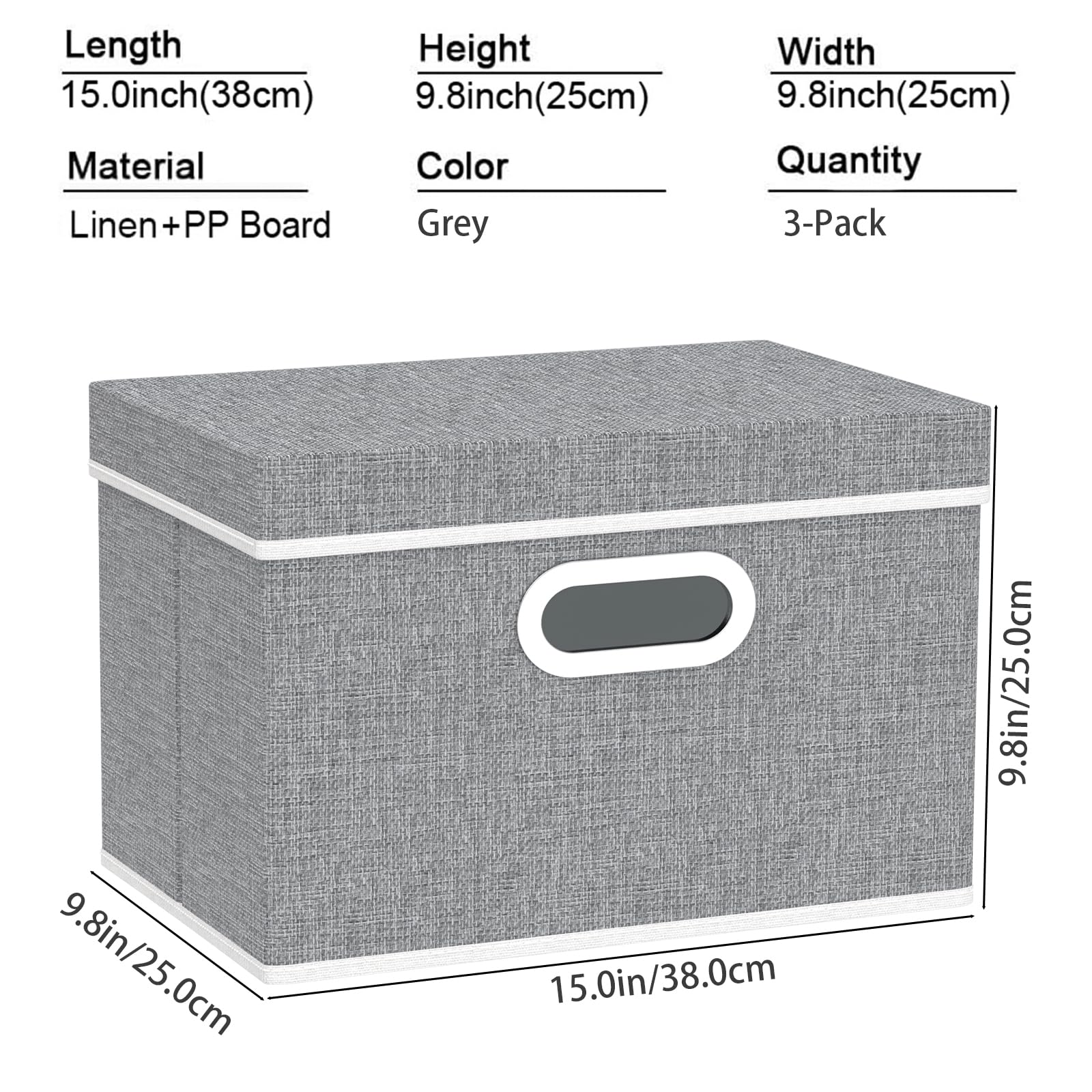 Yawinhe Collapsible Fabric Storage Bins with Lids - Grey, 3 Pack