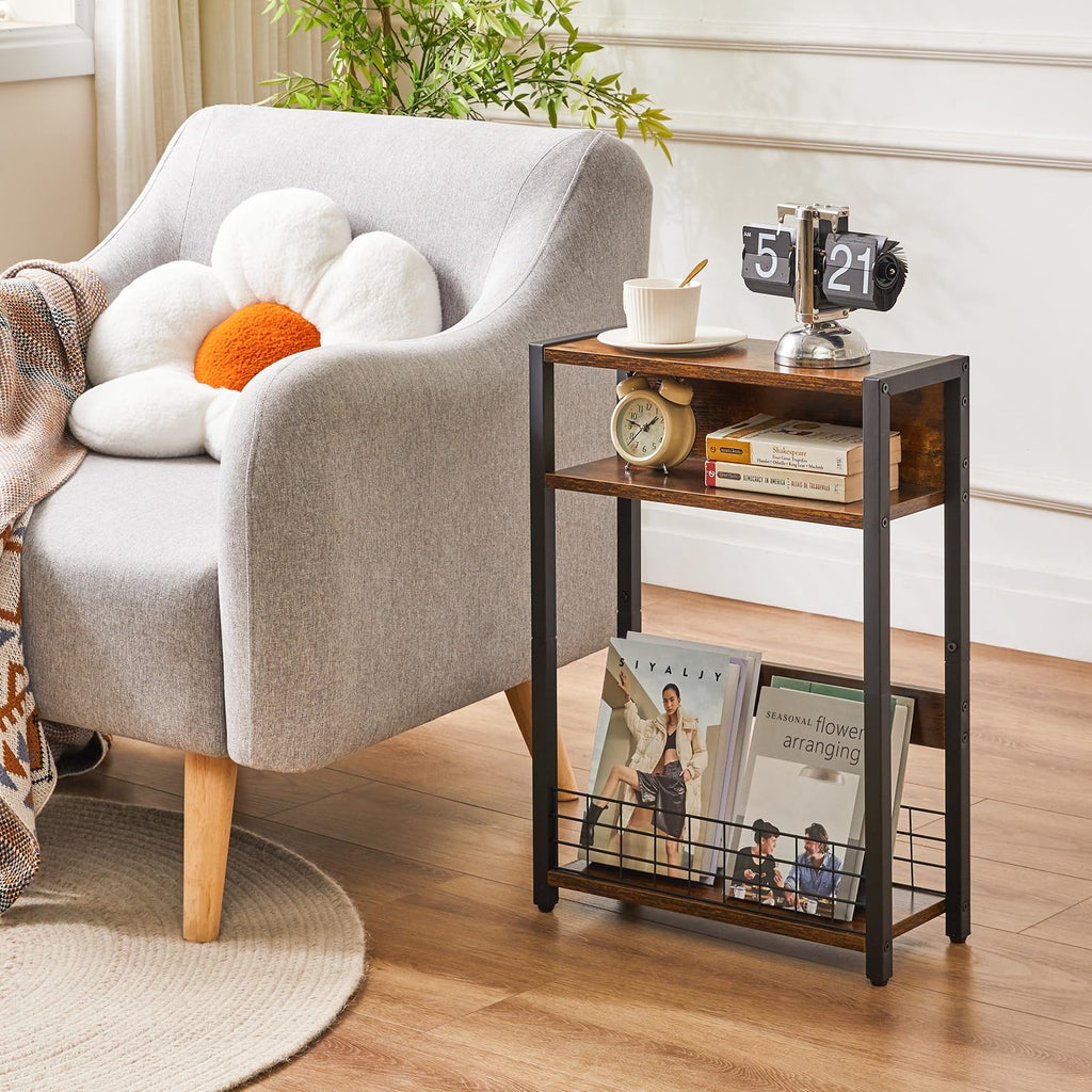 IBUYKE Narrow Side Table – 3-Tier Industrial End Table with Magazine Rack