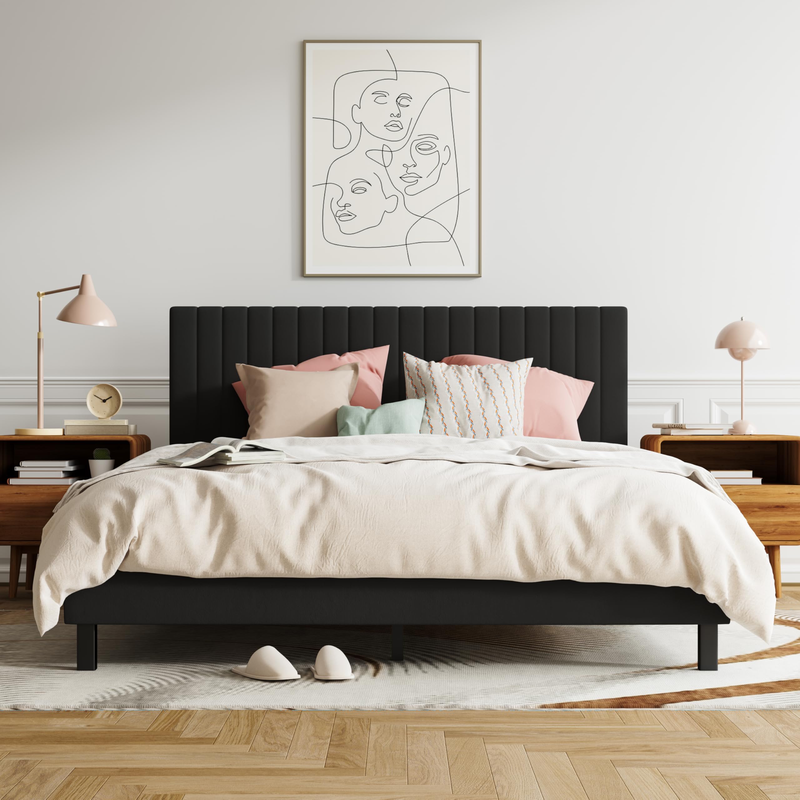 XINBEDEU King Bed Frame | Upholstered Velvet Platform with Tufted Headboard